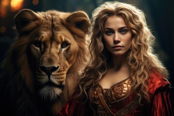 a woman with long curly hair and a lion