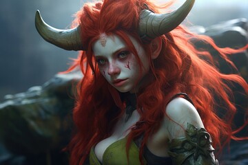 Wall Mural - a woman with red hair and horns