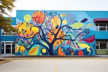 A Mural Of A Tree With Colorful Leaves And Birds