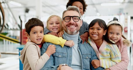 Aufkleber - Children, teacher and portrait with a hug in classroom with love in education, learning and kids excited to be in school. Kids, students and support and care for man with a smile on face in class