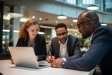 Group of business people using a laptop and having a discussion in an office. generative AI