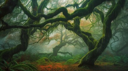 an old japanese maple tree in mossy woods with fog and mist. generative ai.