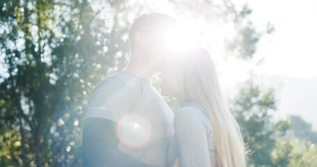 Poster - Fitness, kiss and couple in forest with love, romance and relax after hiking, running or workout in nature. Exercise, break and man with woman in park kissing, bond or relax in nature after training