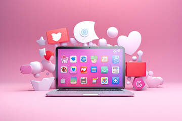 Poster - Minimalist pink laptop workspace with social media icons on pastel background.