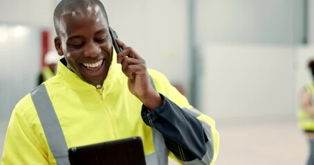 Poster - Conversation, architect and black man with a tablet, calling and construction worker with connection. Internet, employee and engineer with technology, communication and inspector with discussion