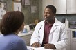 © Postproduction - Physician explaining treatment to patient in clinic office. Concept of healthcare communication and medical advice.