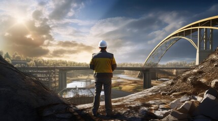 Wall Mural - civil engineer inspecting a bridge construction site generative ai