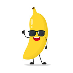 Wall Mural - Cute happy banana character wear sunglasses. Funny fruit greet friend cartoon emoticon in flat style. food vector illustration