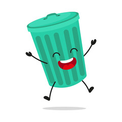 Wall Mural - Cute happy trash can character. Funny victory jump celebration dustbin cartoon emoticon in flat style. garbage vector illustration