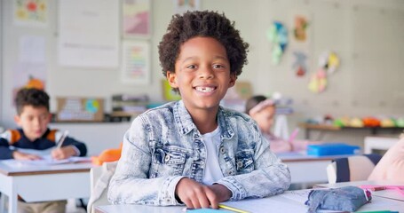 Aufkleber - Smile, education and writing with boy in classroom for learning, knowledge and study. Scholarship, happy and future with portrait of young student at school for academy, exam test and project