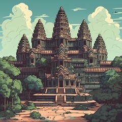 Canvas Print - Angkor Wat temple cartoon style tourism illustration