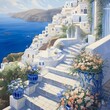 watercolor painting of Santorini building with the ocean view
