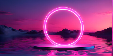 Wall Mural - A pink ring light reflecting on the water under pink sunset. 3D render style.