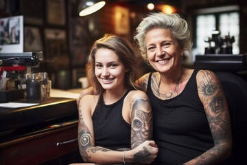 Wall Mural - Mother and Daughter Sharing Tattoo Moment. Woman in 50s gets tattoo with daughter.