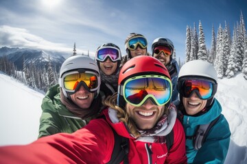 Group of people taking a selfie with a smart phone while skiing and snowboarding in a ski centar on a mountain