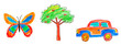 Butterfly, tree and a car of a child crayon drawing on white transparent background