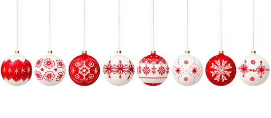 Christmas ornament balls in red and white colors hanging in line on white and transparent background