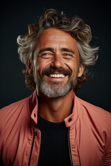 portrait of a handsome middle aged man with silver hair smiling into the camera in casual attire