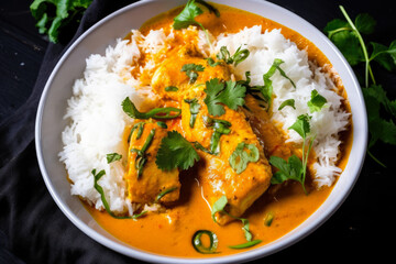 Chunks of fresh fish cooked in a coconut-based sauce, spiced and tangy, accompanied by fluffy white rice and garnished with cilantro leaves