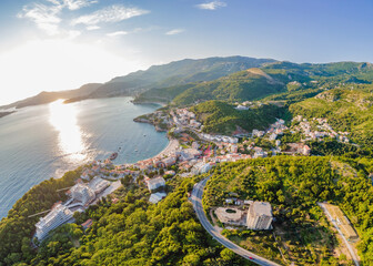 Queen's Beach in Milocer, Montenegro. Aerial view of sea waves and fantastic Rocky coast, Montenegro. drone