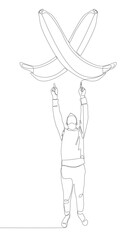 Poster - One continuous line of Man pointing with finger at banana. Thin Line Illustration vector concept. Contour Drawing Creative ideas.