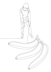 Poster - One continuous line of Man pointing with finger at banana. Thin Line Illustration vector concept. Contour Drawing Creative ideas.