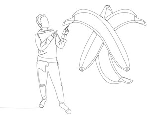 Poster - One continuous line of Man pointing with finger at banana. Thin Line Illustration vector concept. Contour Drawing Creative ideas.