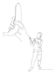 Poster - One continuous line of Man pointing with finger at banana. Thin Line Illustration vector concept. Contour Drawing Creative ideas.