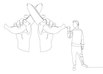 Poster - One continuous line of Man pointing with finger at banana. Thin Line Illustration vector concept. Contour Drawing Creative ideas.