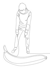 Poster - One continuous line of Man pointing with finger at banana. Thin Line Illustration vector concept. Contour Drawing Creative ideas.