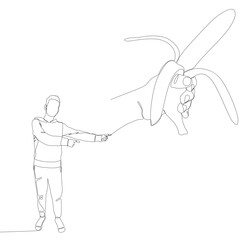 Poster - One continuous line of Man pointing with finger at banana. Thin Line Illustration vector concept. Contour Drawing Creative ideas.