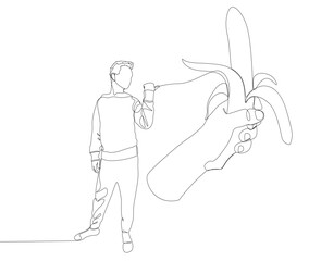 Poster - One continuous line of Man pointing with finger at banana. Thin Line Illustration vector concept. Contour Drawing Creative ideas.
