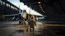 A child or boy fighter pilot walks. view from behind with fighters and hangars. Orange light of the shines at sunrise or sunset. Future dream job for kid. Learning is inspiration. Copy space.