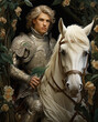Illustration of Prince Charming - a handsome young knight in silver armour on a white horse surrounded by flowers.