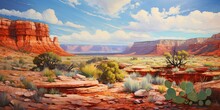 Oil Painting Of Red Rock Desert Landscape, Cliffs, Cactus, Generative AI