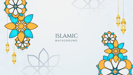 Wall Mural - Yellow, blue and white modern islamic background with mandala pattern and lamp