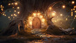Fantasy fairy tale scenery of a tree house at night in a forest surrounded by twinkling fairy lights, magical tree with a door