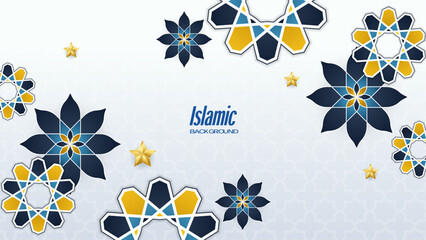 Wall Mural - Blue white and yellow modern islamic background with mandala pattern and star