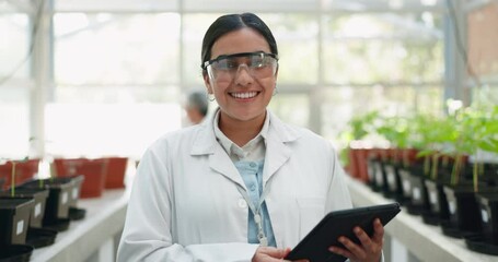 Poster - Tablet, portrait and sustainability with a woman in a greenhouse to study plant growth for ecology research. Technology, science and agriculture with a young scientist working on medicine innovation