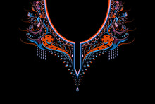 Ethnic Neck Collar Embroidery For Fashion And Other Uses In Vector. Geometric Oriental Pattern Ethnic Traditional Flower Necklace Embroidery Designs For Fashion Clothes, T-shirts In Tribal Style.