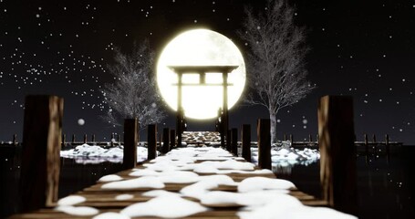 Wall Mural - the full moon, golden yellow, shone brightly on a snowy night. white snow covered the wooden bridge 