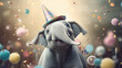 Photorealistic happy elephant smiling wearing hat. Birthday concept with flying confetti