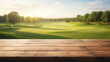 Empty wooden table top with blur background of country club