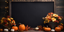 Black Board With Autumn Holiday Decoration, With Pumpkins And Flowers And Copy Space.