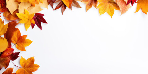 Canvas Print - White background, Frame with many autumn leaves. Image to announce that there is an event, copy space.