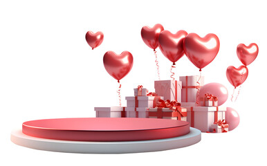 Wall Mural - 3D podium Valentine Gift boxes presents with heart shaped helium balloons decorations elements, Empty stage display presentation product, isolated on white and transparent background, ai generate