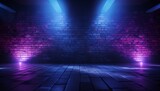 Fototapeta Fototapety przestrzenne i panoramiczne - Corridor Room Garage Studio Dance Glowing Blue Purple Spot Lights Concrete Floor,Neon Retro Brick Walls Club Mist Dark Foggy
