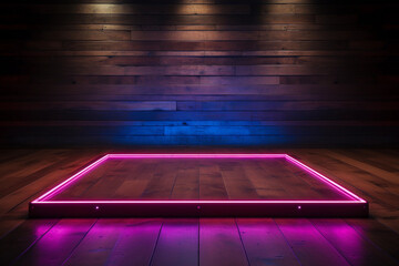 Empty stage with neon lights and wood floor background