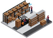 Isometric view of a Warehouse,The transport vehicle uses a robot and human . ,pick up the goods. using automation in product management ,Cartons waiting to be load,Warehouse and Technology