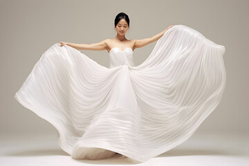 Beautiful woman wearing flowing white dress and pose dancing over a light background. Generative AI.